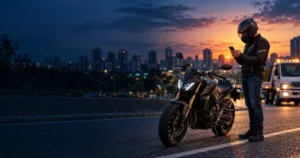 Motociclista com moto urbana e assistência 24 horas ao fundo