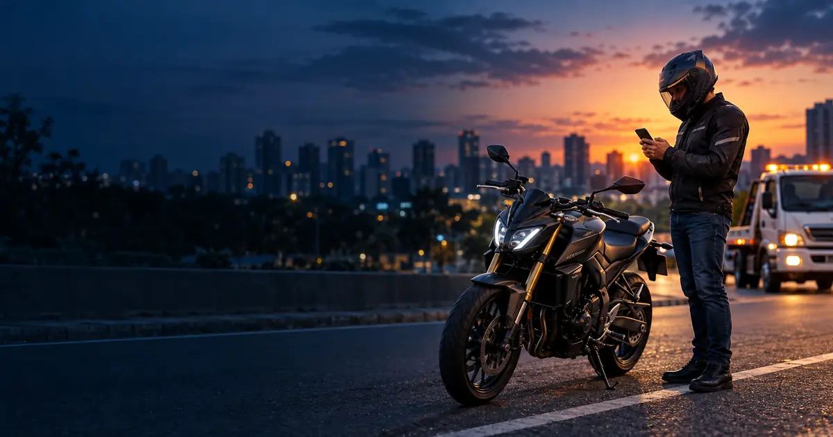 Motociclista com moto urbana e assistência 24 horas ao fundo